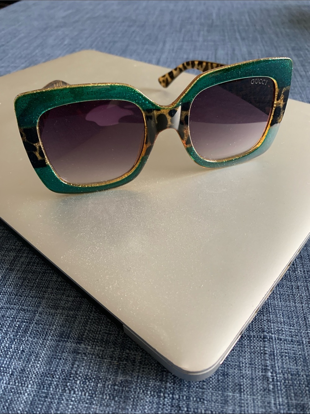 Gucci GG0083S  Green Glitter Square Sunglasses with Leopard Trim